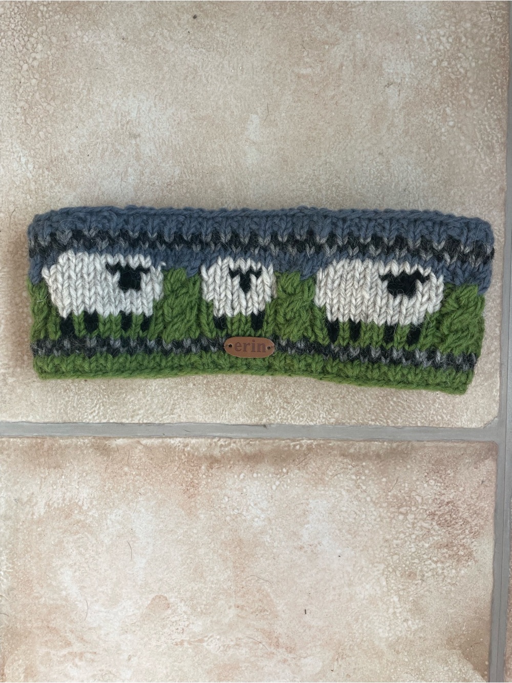 Erin Knits Ireland 100% wool blue green head / ear scarf, cow detail; O/S
